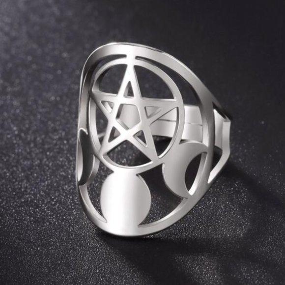 🔮 2 for $40 🔮 Witchy Pentagram Moon Phase Stainless Steel Adjustable Ring - Picture 2 of 6